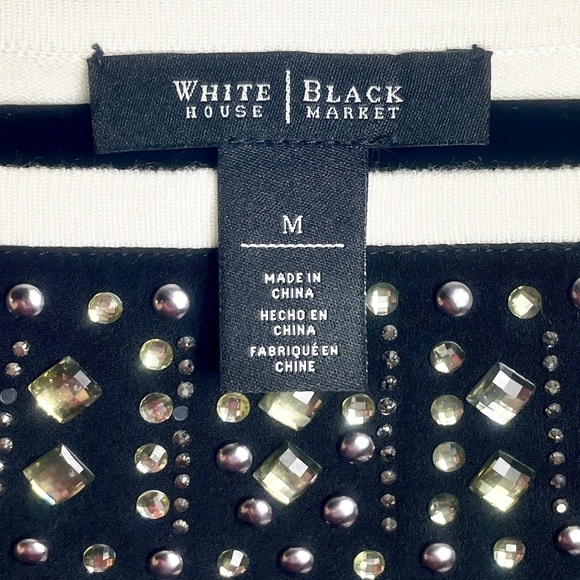 WHITE HOUSE BLACK MARKET Studded Floral Lace Overlay Ivory Thin Knit Sweater Top - Picture 3 of 13